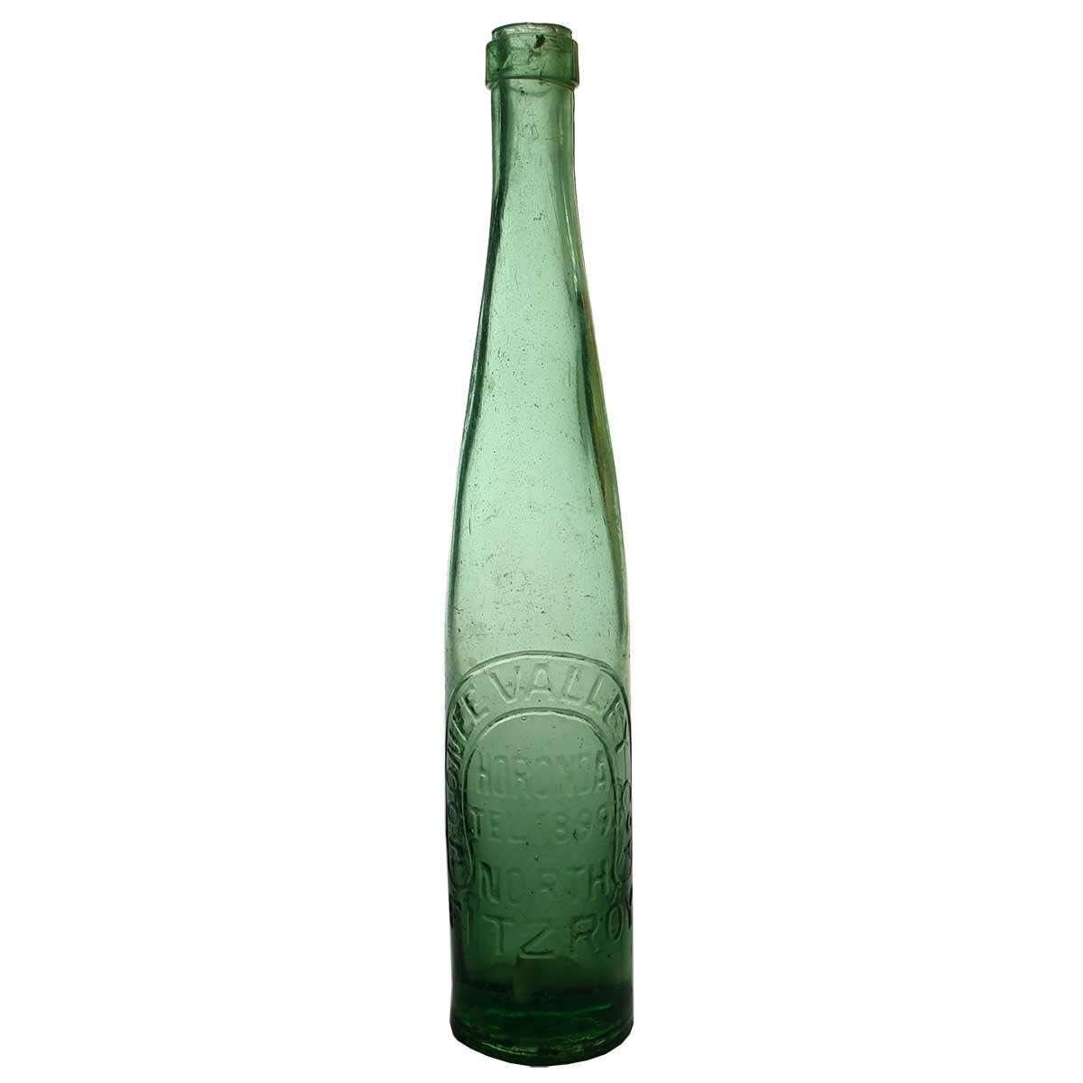 Tall Cork Stoppered Bottle. Moonee Valley Co, North Fitzroy. Horonda. Green Aqua. Ring Seal. 13 oz. (Victoria)