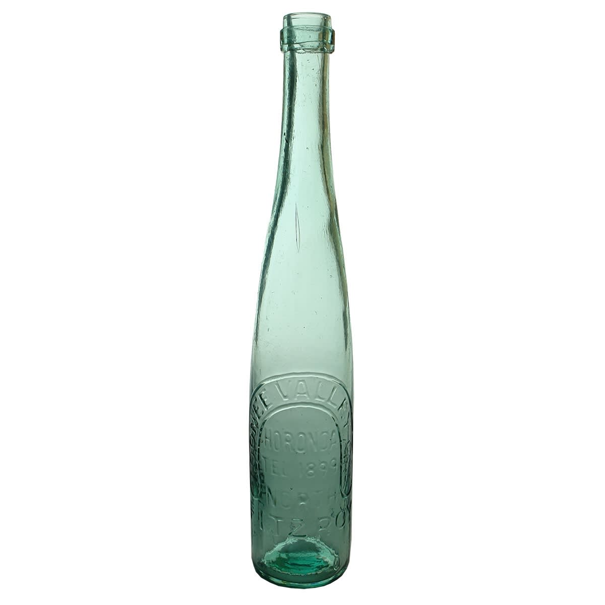 Tall Cork Stoppered Bottle. Moonee Valley Co, North Fitzroy. Horonda. Aqua. Ring Seal. 13 oz. (Victoria)