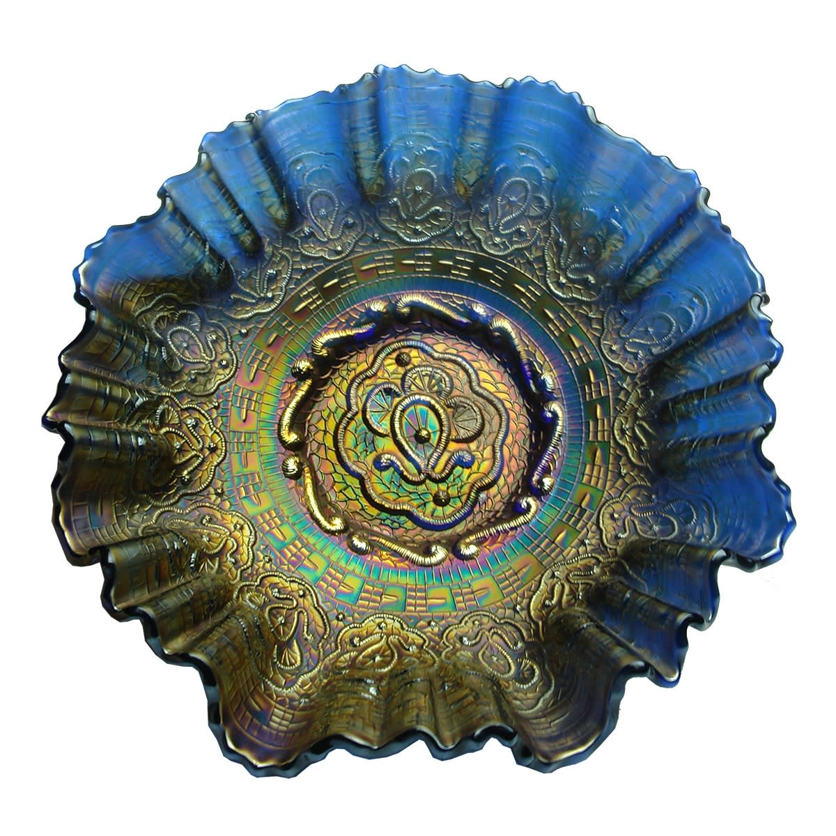 Carnival Glass Bowl. Cobalt Blue. Fancy geometric, floral type pattern.