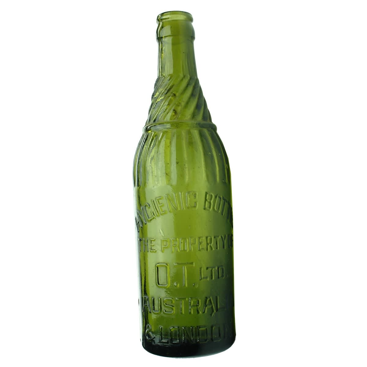 Crown Seal. OT Ltd. Australia & London. Hygienic Bottle. Green. 10 oz.