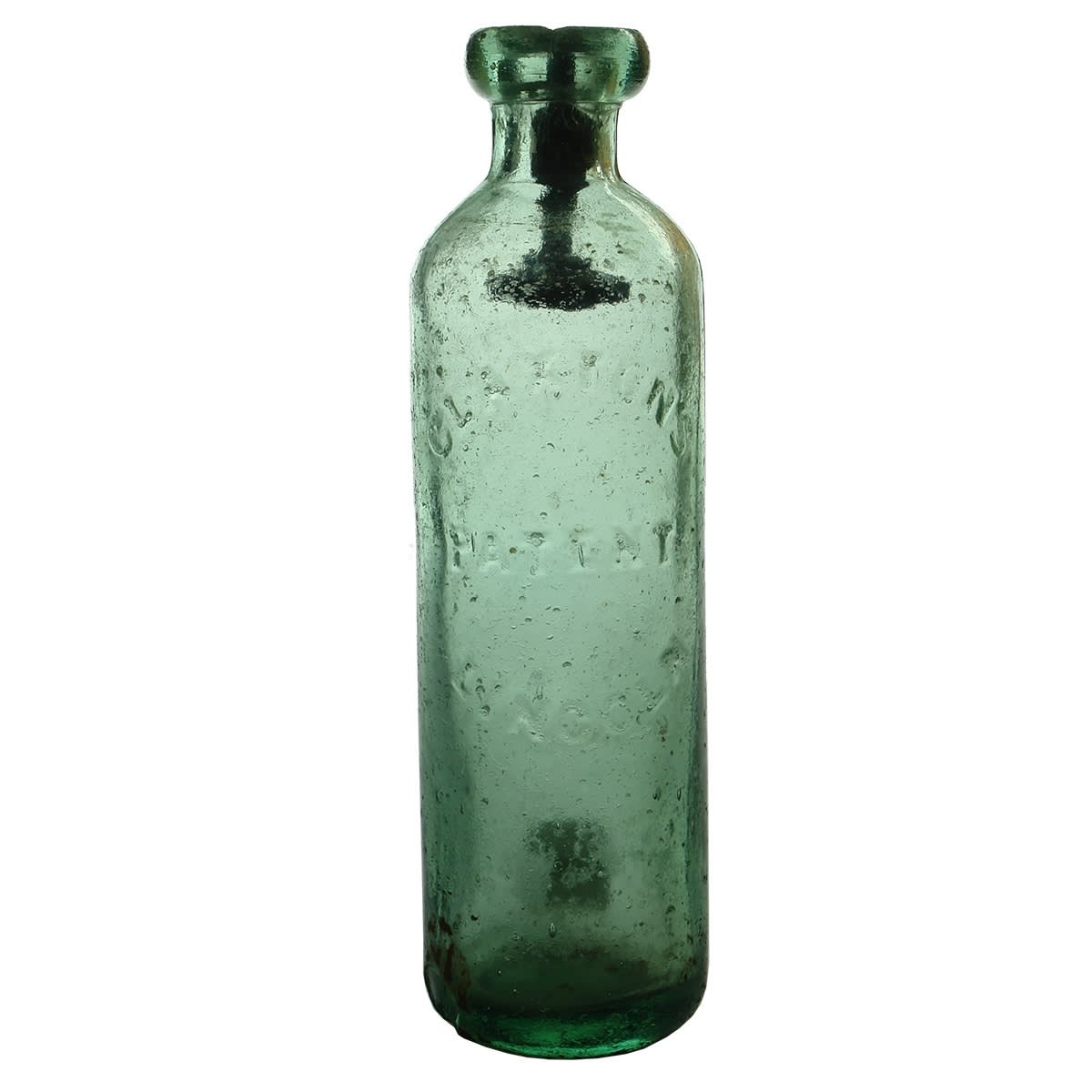 Patent Aerated Water. Claxton's Patent Lincoln. Aqua. 10 oz. With metal & rubber stopper.