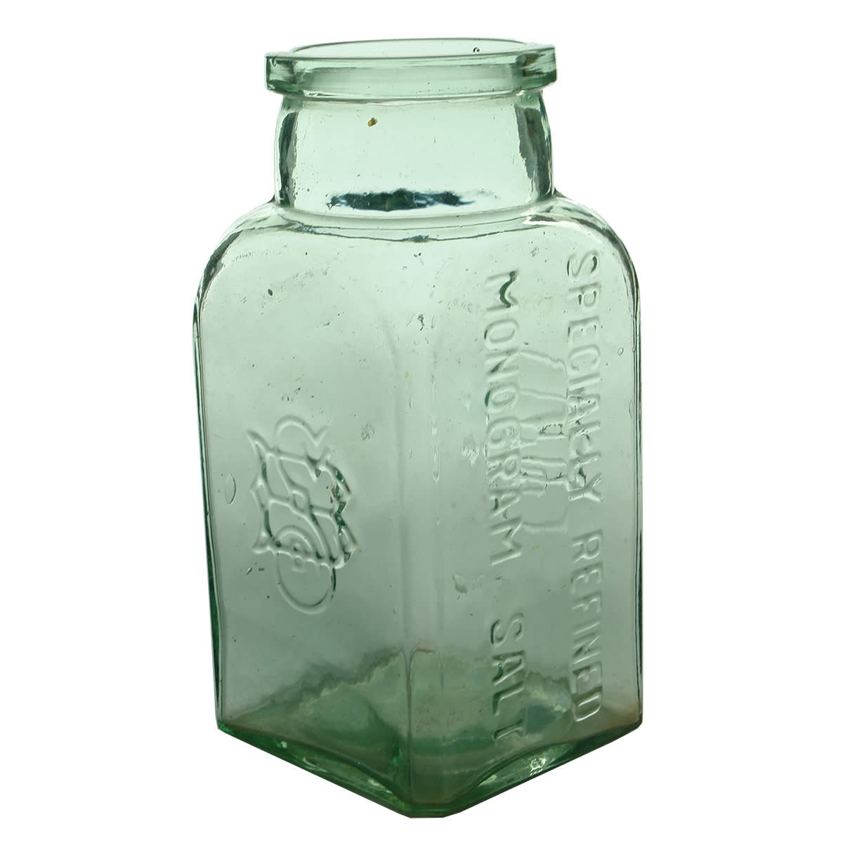 Jar. Specially Refined Monogram Salt. Square. Aqua. 2 Pound.