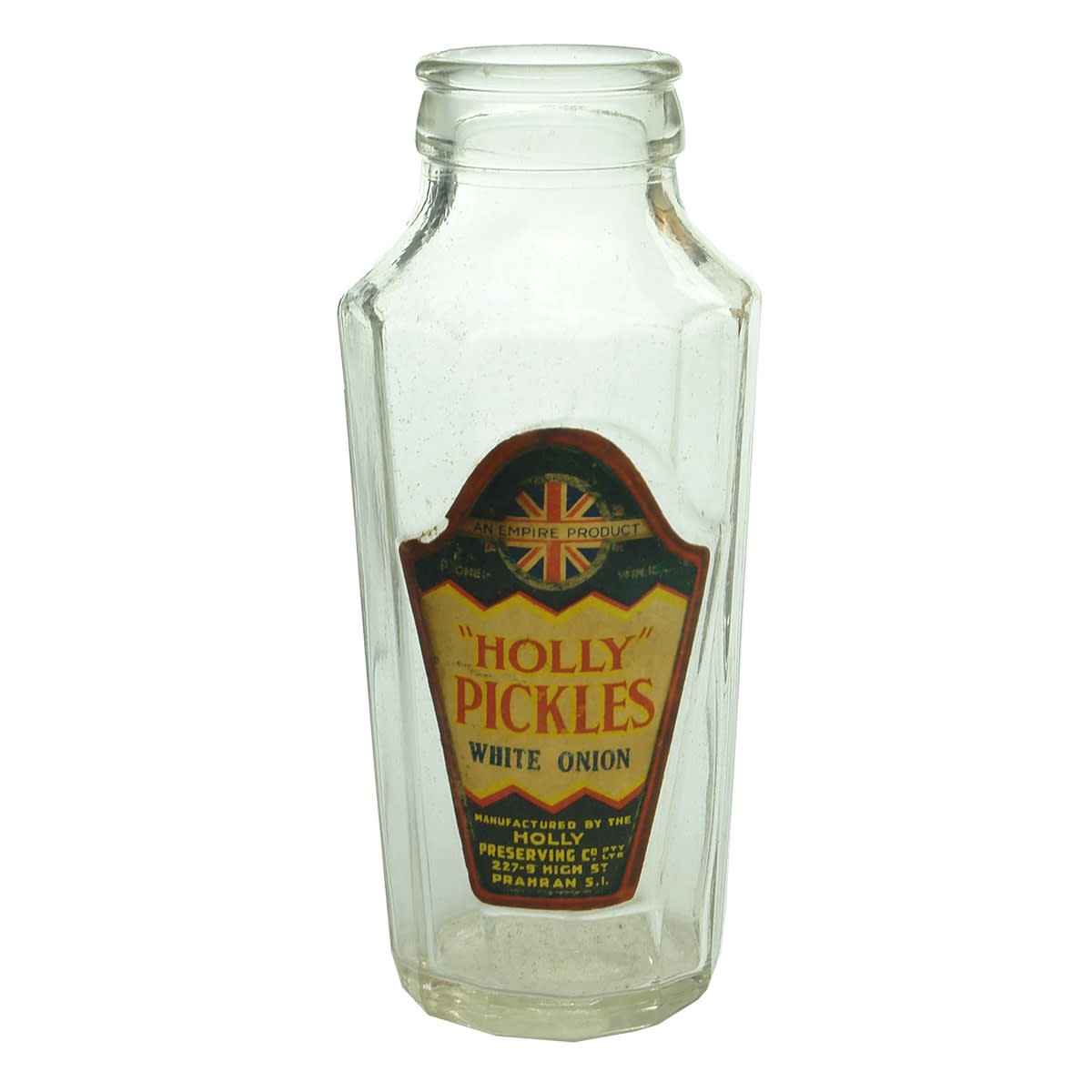 Pickle. Plain fancy jar with coloured label for Holly Pickles, Holly Preserving Co., Prahran. (Victoria)