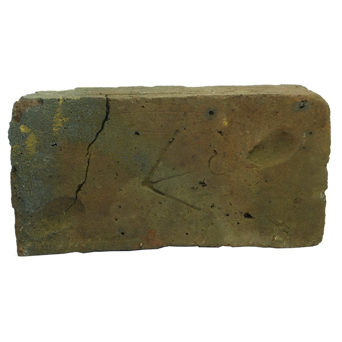 Brick. Two large thumb prints and a Broad Arrow. Another Broad Arrow in one end. Sandstock type.