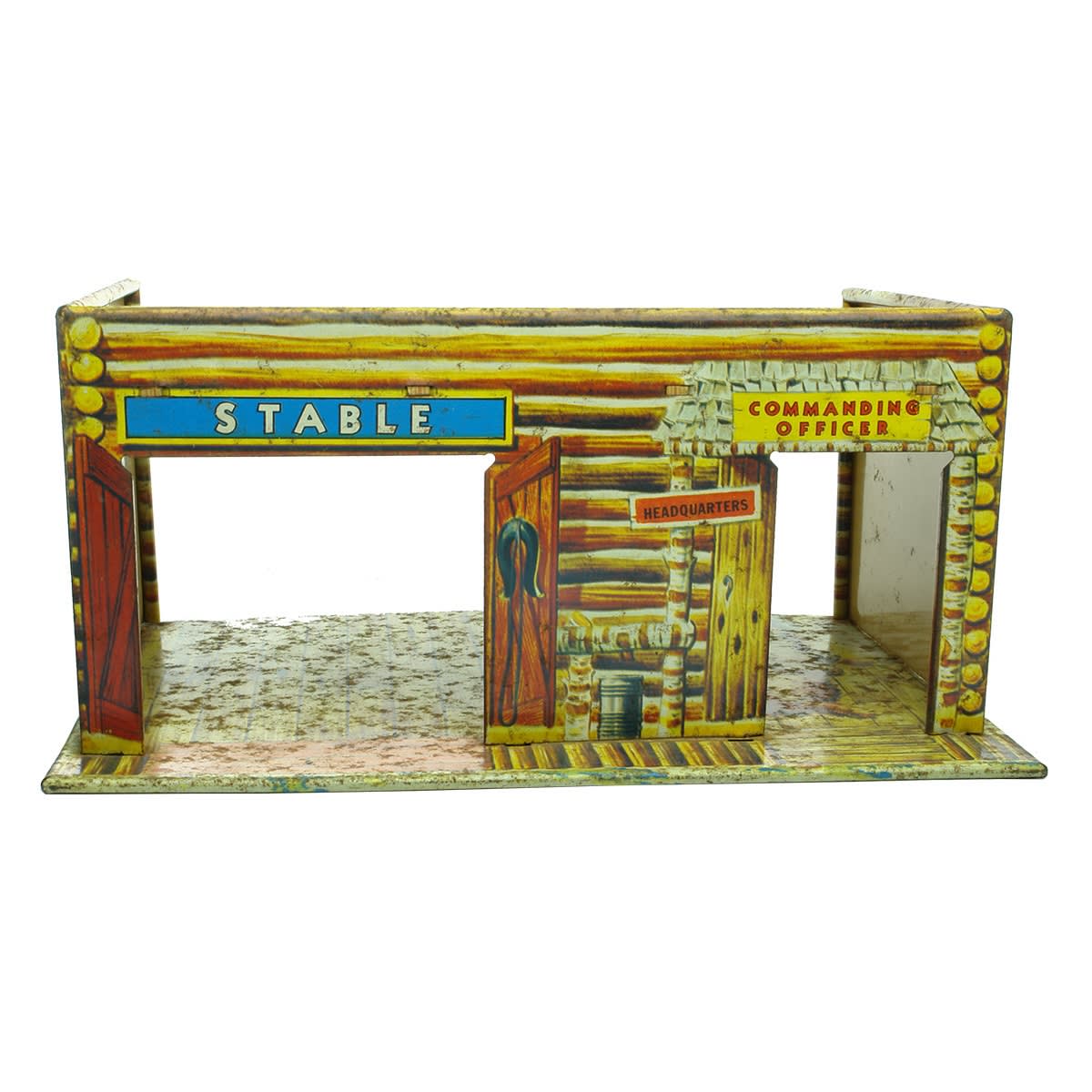Tin Toy. Log Cabin style building for Cowboys & Indians. Stable and Commanding Officer.