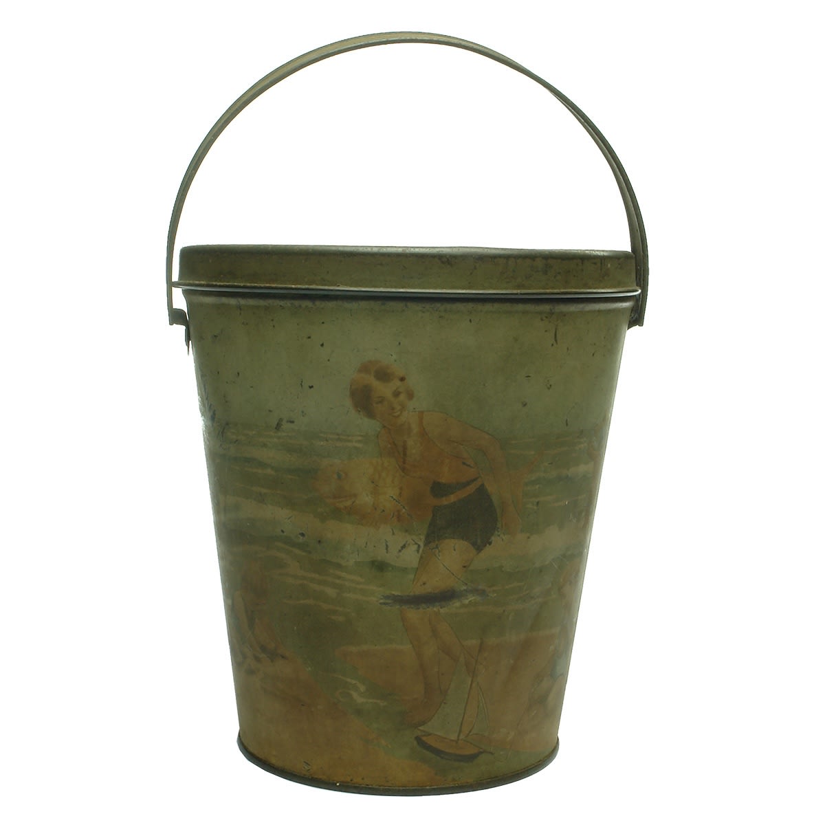 Tin Pail or Bucket with Beach scenes all around. William Arnott Ltd Biscuit Manufacturers Homebush. (New South Wales)