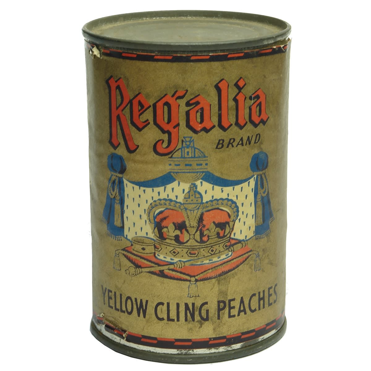 Tin with Paper Label. Regalia Brand Yellow Cling Peaches. Shepparton Fruit Preserving Co. (Victoria)