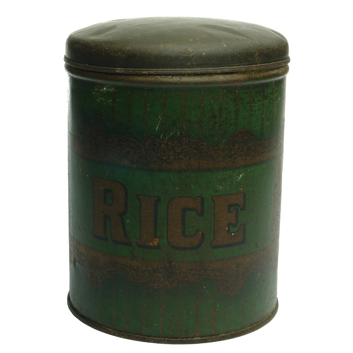 Rice Tin. Green background with stripes. Original lid.