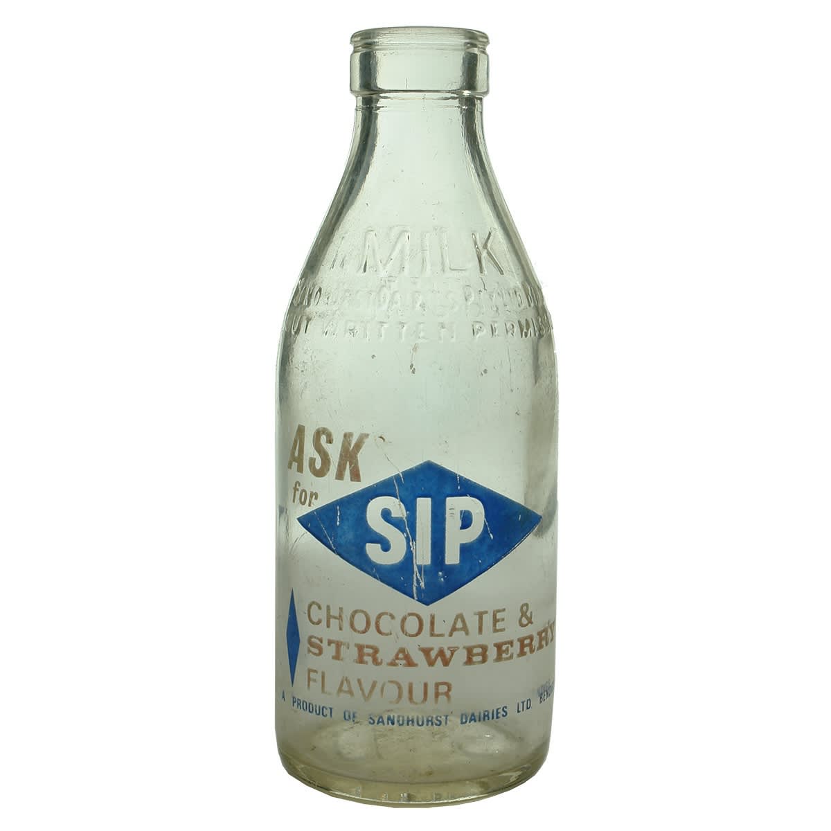 Milk. Sandhurst Dairies. SIP Chocolate & Strawberry Flavour Ceramic Label. Foil Top. 1 Pint. (New South Wales)