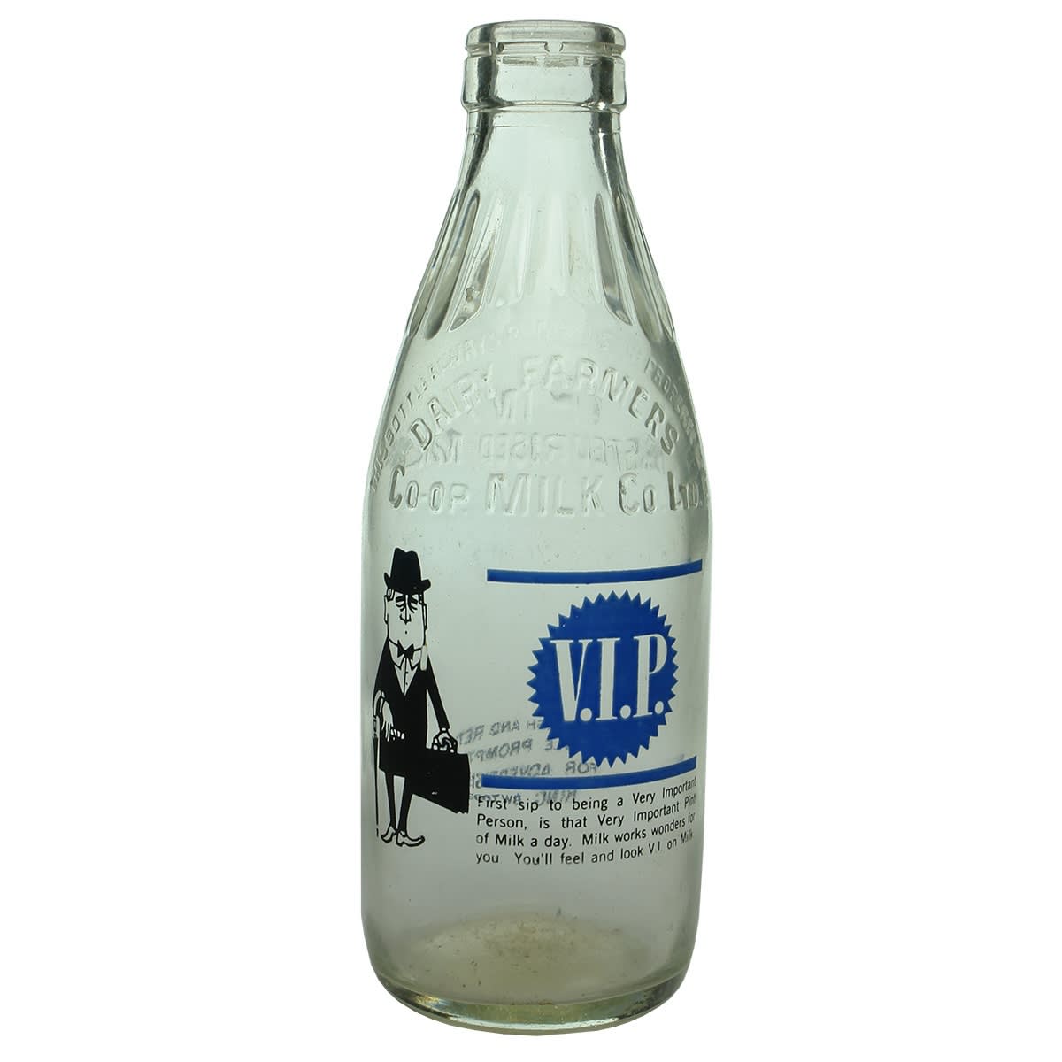 Milk. Dairy Farmers Co-Op Milk Co Ltd. V.I.P Ceramic Label. Foil Top. 1 Pint. (New South Wales)