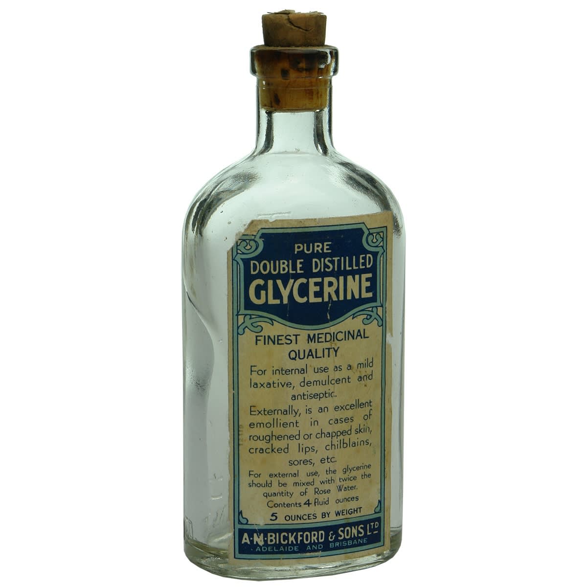 Medicine. Bickford Pure Double Distilled Glycerine, Adelaide and Brisbane. Clear. 4 oz. (South Australia, Queensland)