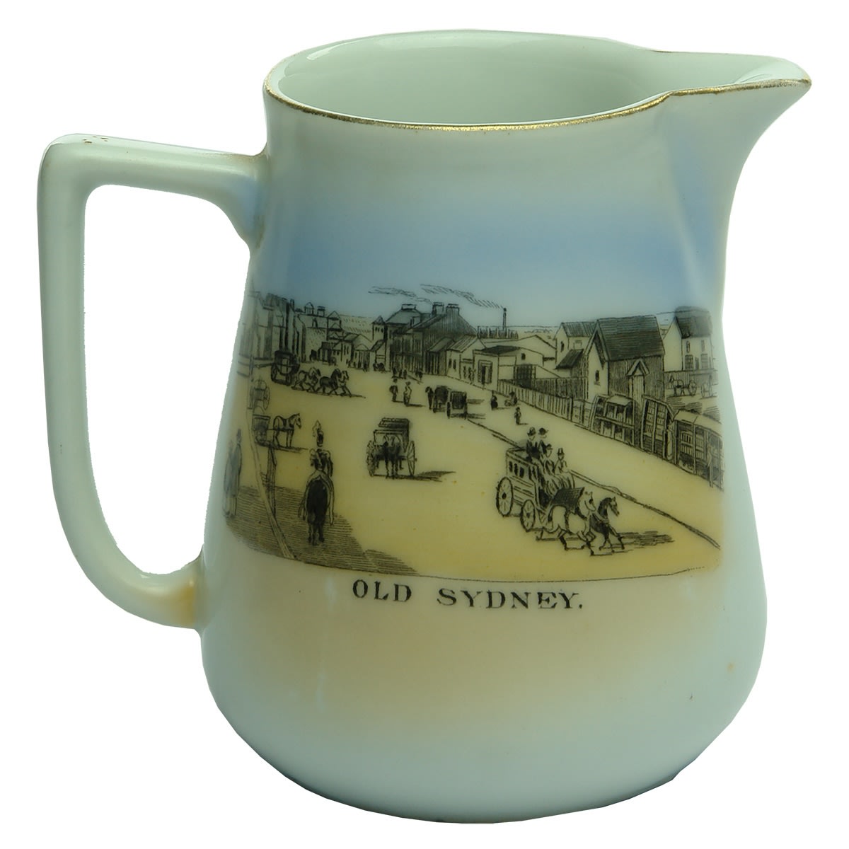Souvenirware. Old Sydney one side and Sydney today the other, Royal Scenic China, Czechoslovakia. Small cream jug. (Victoria)