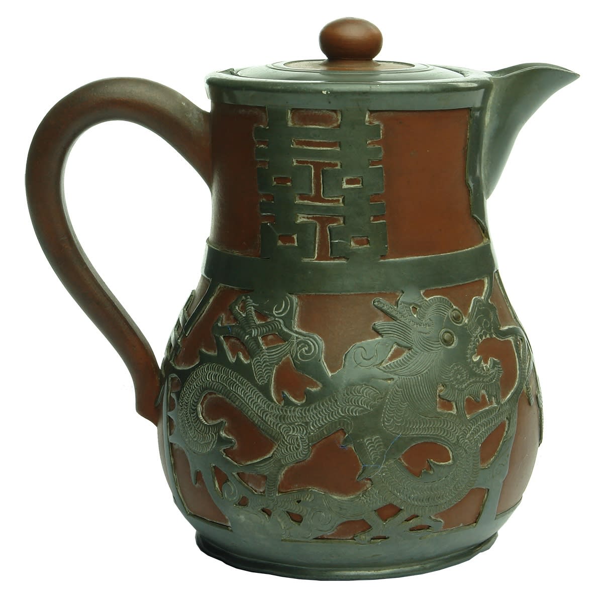 Handled & lidded jug. Red pottery, porcelain inside. Pewter finish and decoration. Hor Chung Wei Hai Kei.