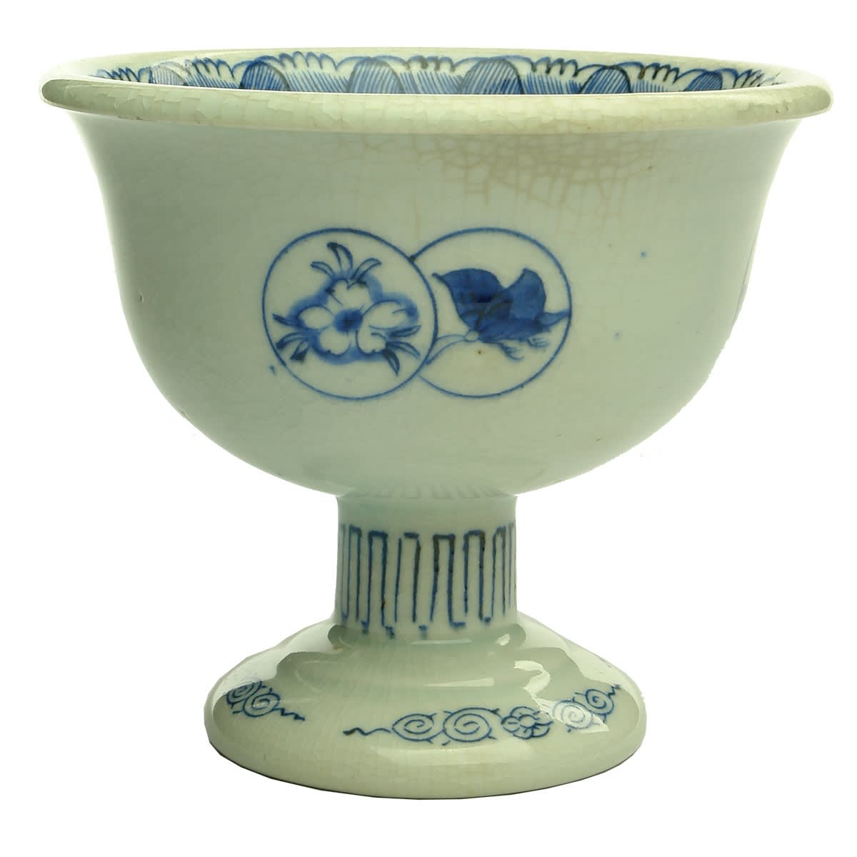 Blue & White Porcelain bowl with pedestal stand. Hole to centre of stand underneath and unglazed base, looks like it slotted onto something.