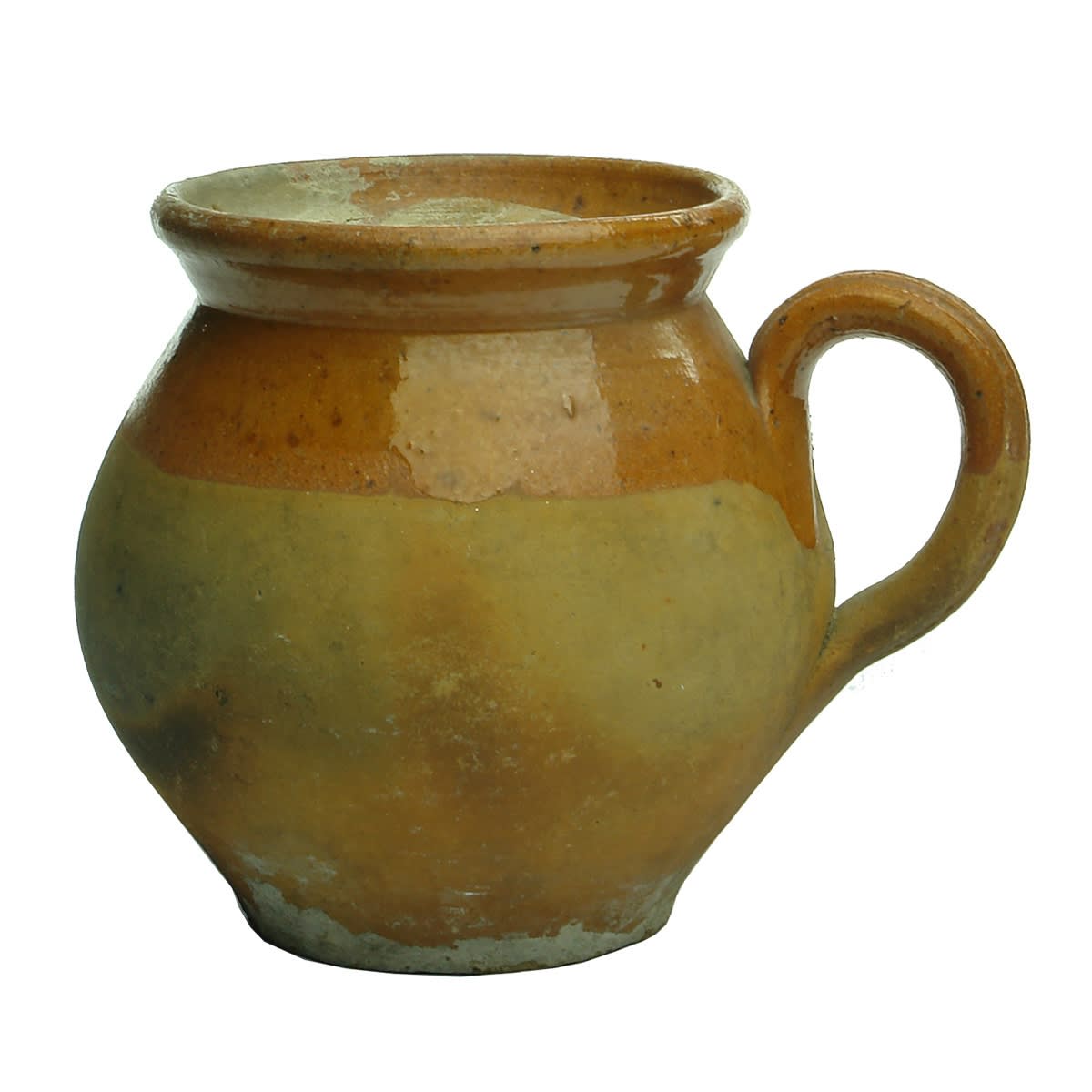 Early looking redware type pottery mug. Glazed upper handle rim and body.