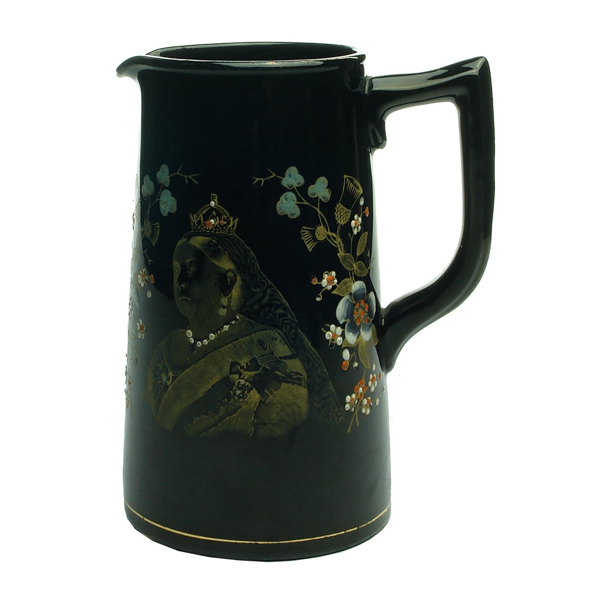Royalty China Jug. Queen Victoria's 60th Year. Black with Gold and coloured overglaze decoration.