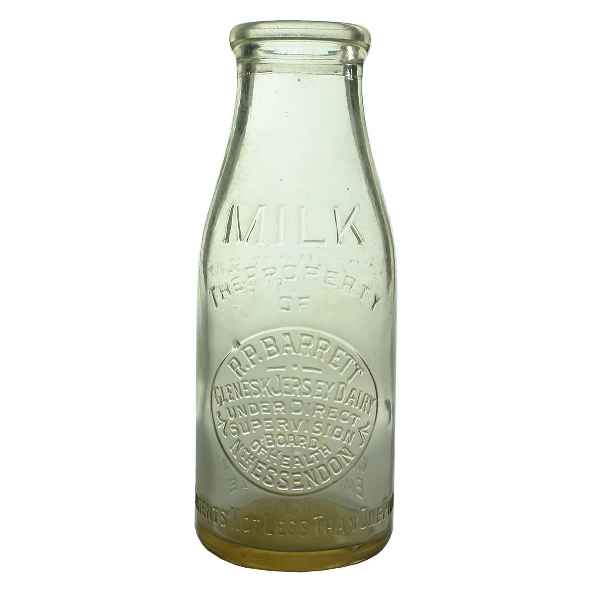 Milk. R. P. Barrett, Glenesk Jersey Dairy, Nth Essendon. Early variety. Wad Lip. 1 Pint. (Victoria)
