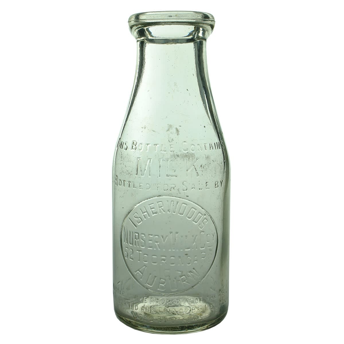 Milk. Isherwood's Nursery Milk Coy, Auburn. Wad Lip. Clear. 1 Pint. (Victoria)