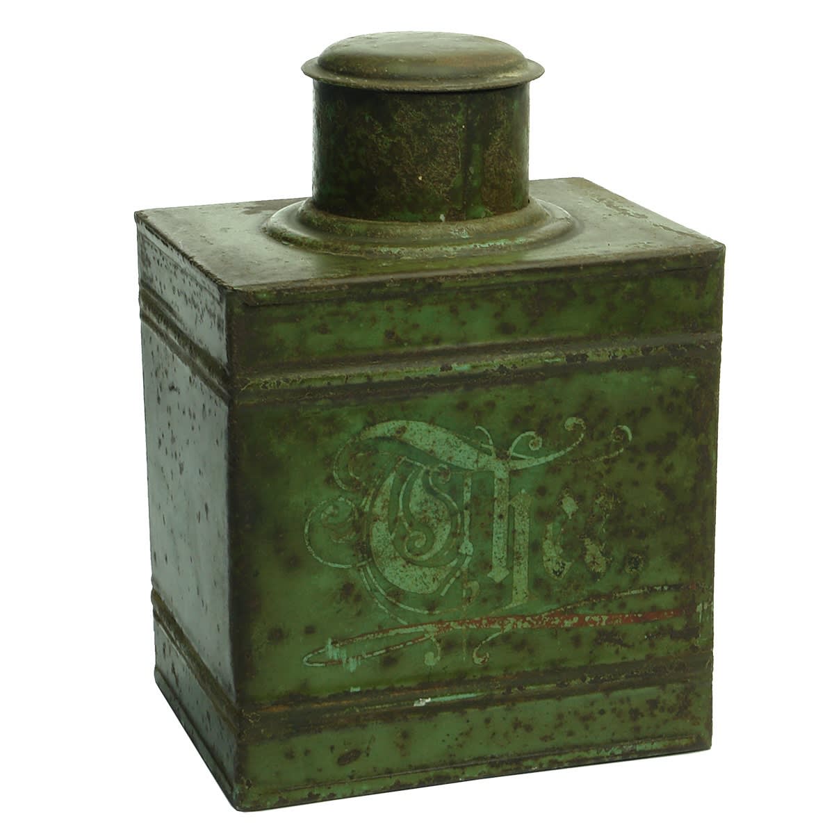 Oblong Tea tin. Green with decoration. (French)
