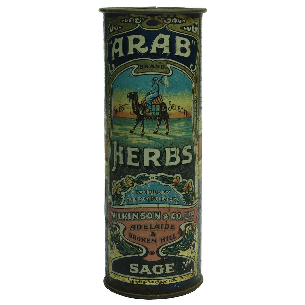 Tin. "Arab" Herbs, Wilkinson & Co. Ltd., Adelaide & Broken Hill. Sage. 1/2 Pint. (South Australia, New South Wales)