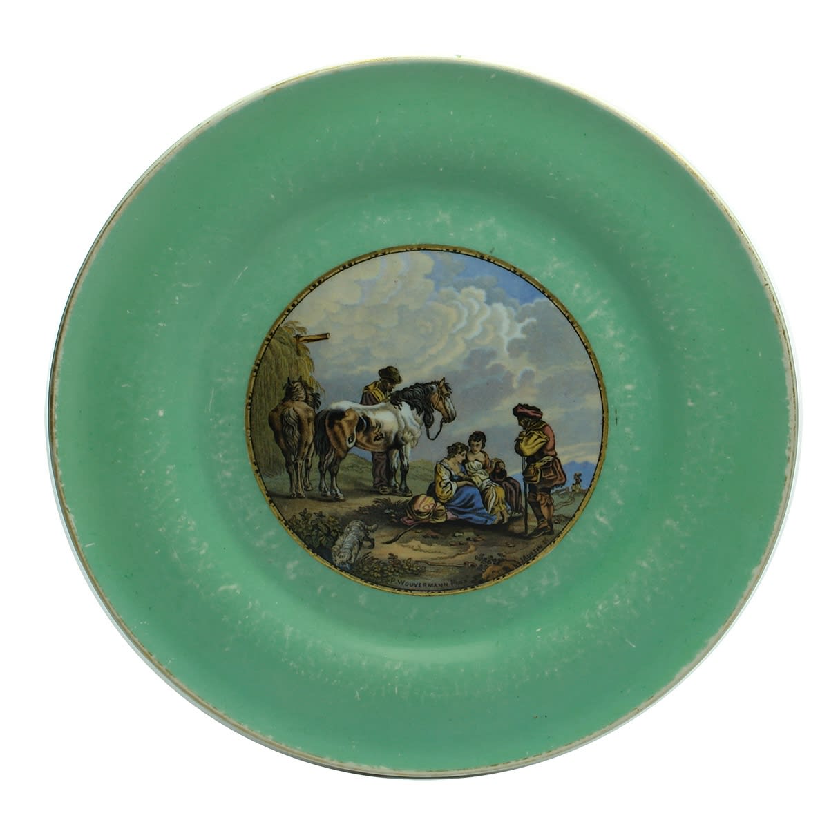 Prattware Plate. Green surrounds. Horse & People. P. Wouvermann Pinx J. Austin Sc.