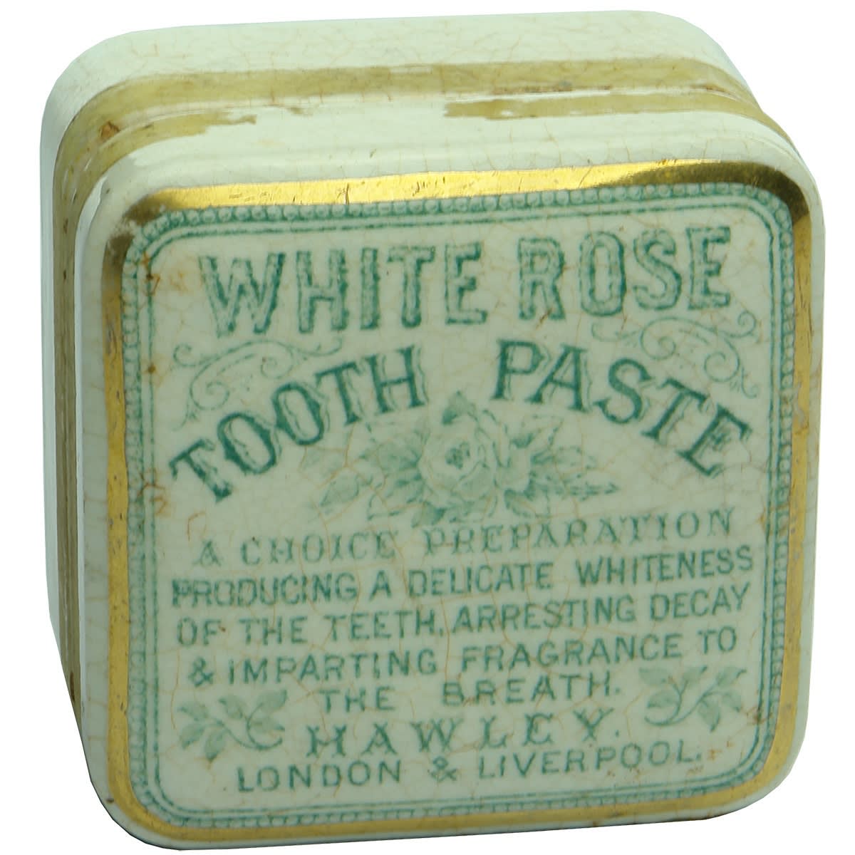 Pot Lid. Hawley, London & Liverpool. White Rose Tooth Paste. Green Print.