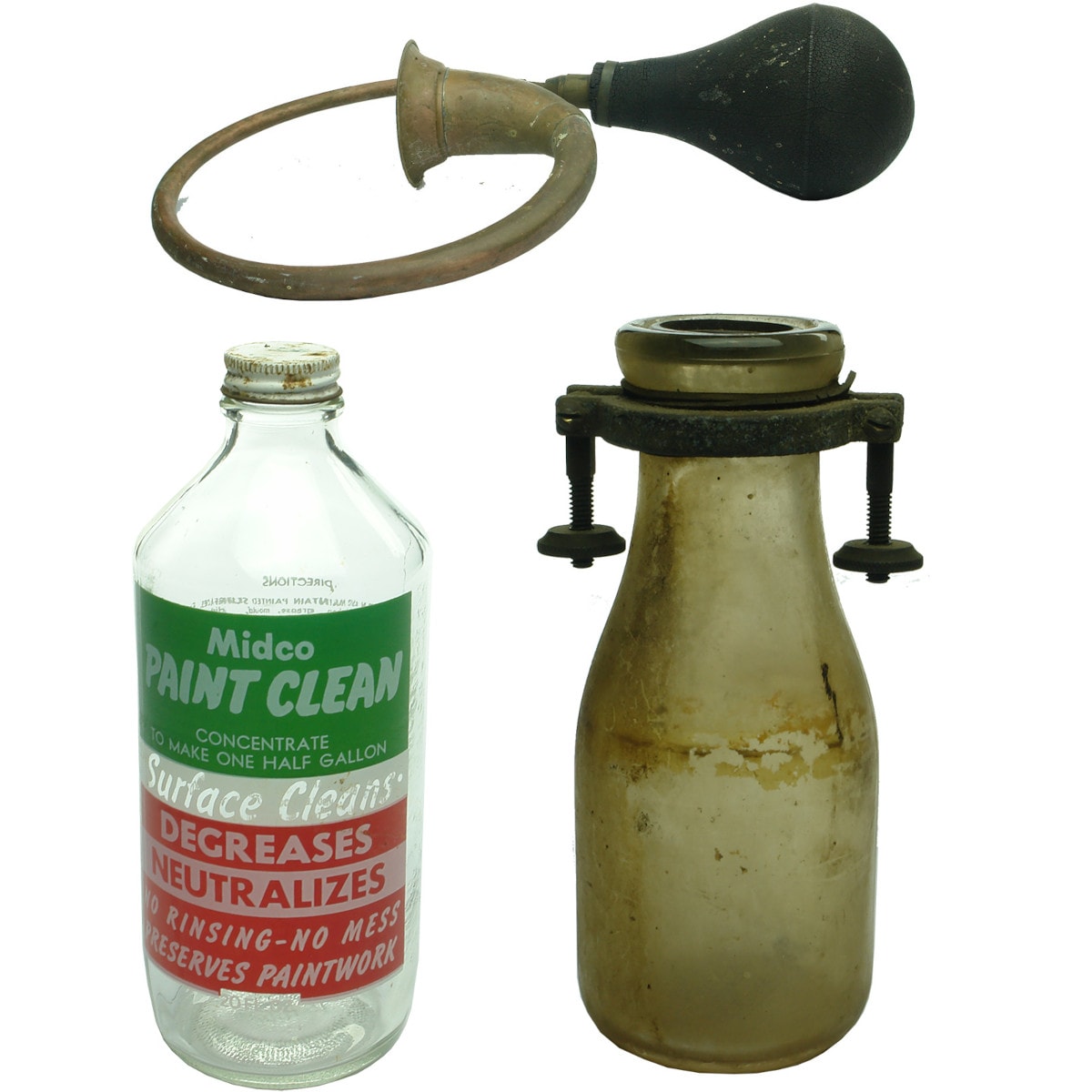 3 Garagenalia Items: Car Horn; Midco Paint Clean Ceramic Label bottle; Milk shaped bottle with heavy metal collar for oil or similar.