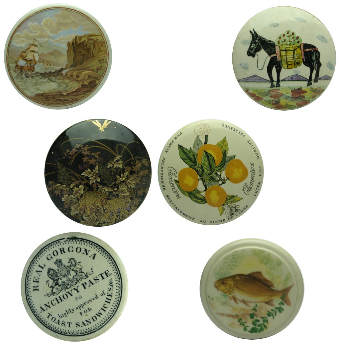 6 Pot Lids. Reproduction Chin Chew River; Black Horse; Floral; Clementine Preserves; Patum Peperium; Real Gorgona Anchovy Paste.