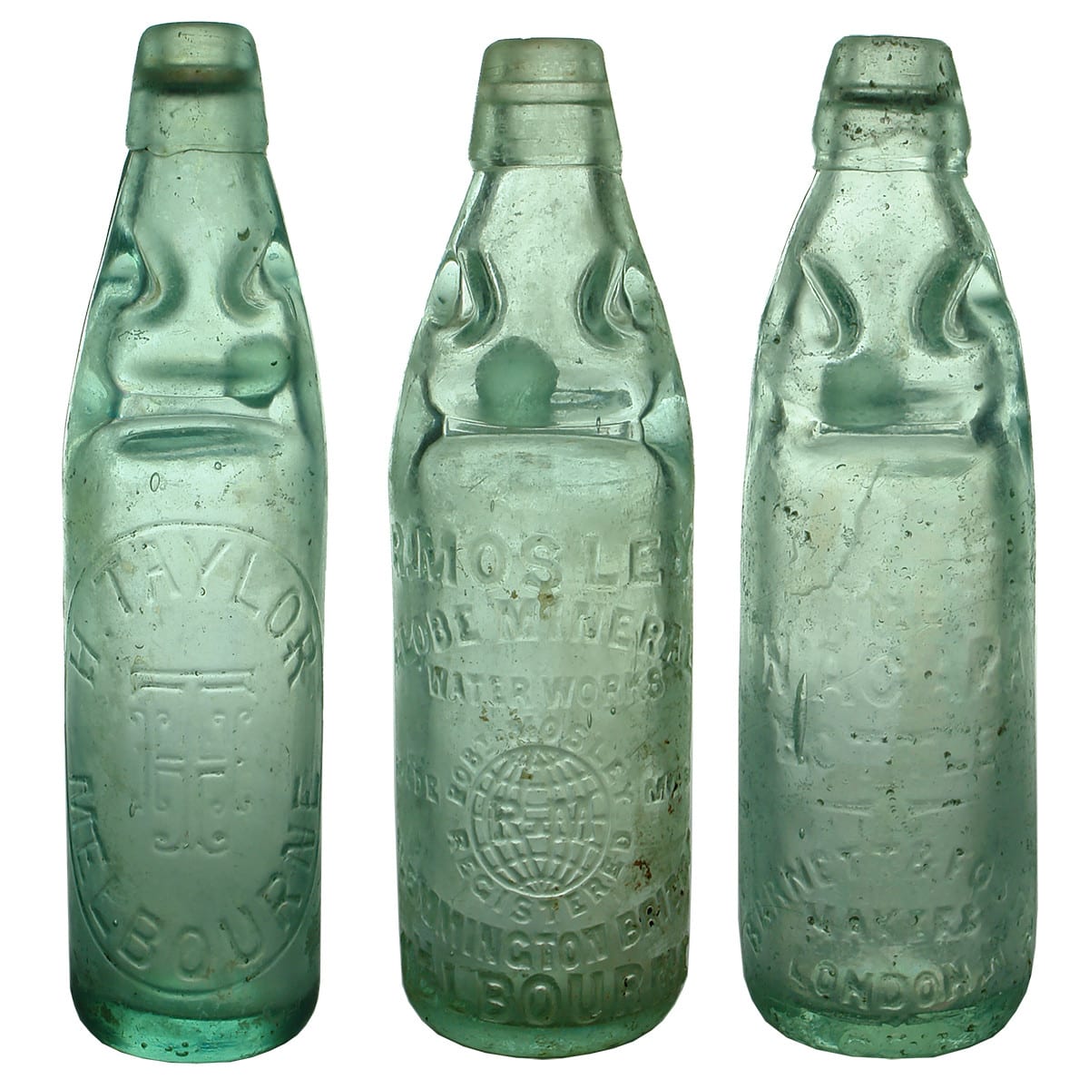 3 Codds: H. Taylor, Melbourne; R. Mosley (Montgomery merchant embossing Flemington spelt with two m's); The Niagara Bottle. (Victoria)