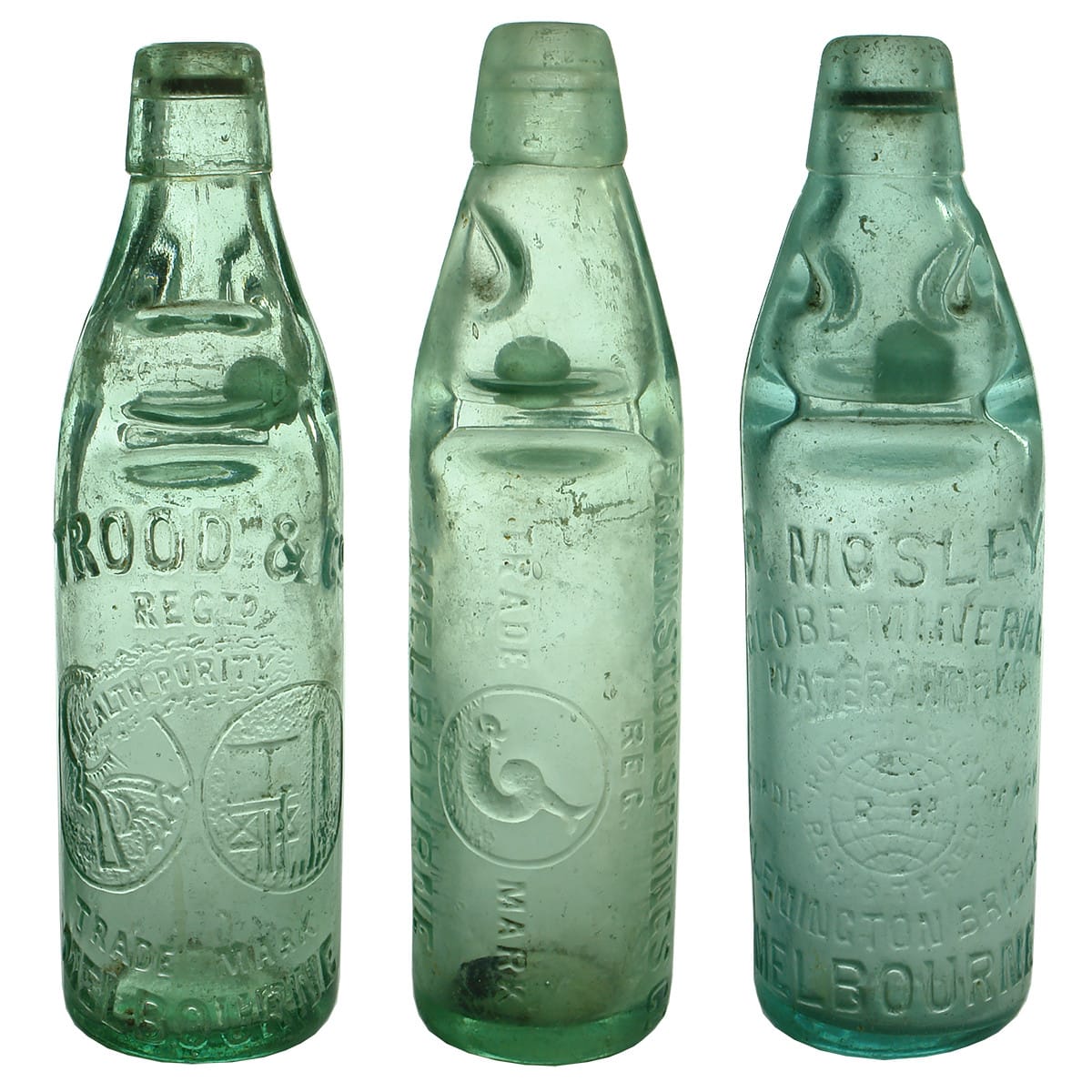 Codds. 1. Trood & Co., Melbourne. Two circle embossing design. Hills Type. Aqua. 10 oz. 2. Frankston Springs Co., Melbourne. One Way Pour. Aqua. 10 oz. 3. R. Mosley, Melbourne. Niagara. Aqua. 10 oz. (Victoria)