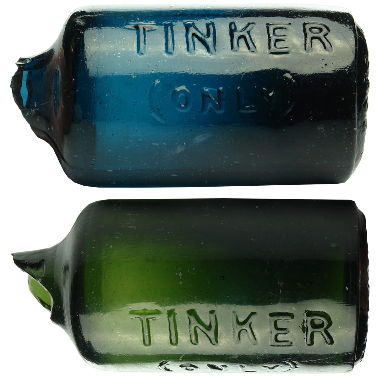 2 Broken Bottles! Both Tinker (Only). J. Ross maker under base. Dark Blue & Green. (Bathurst, New South Wales)