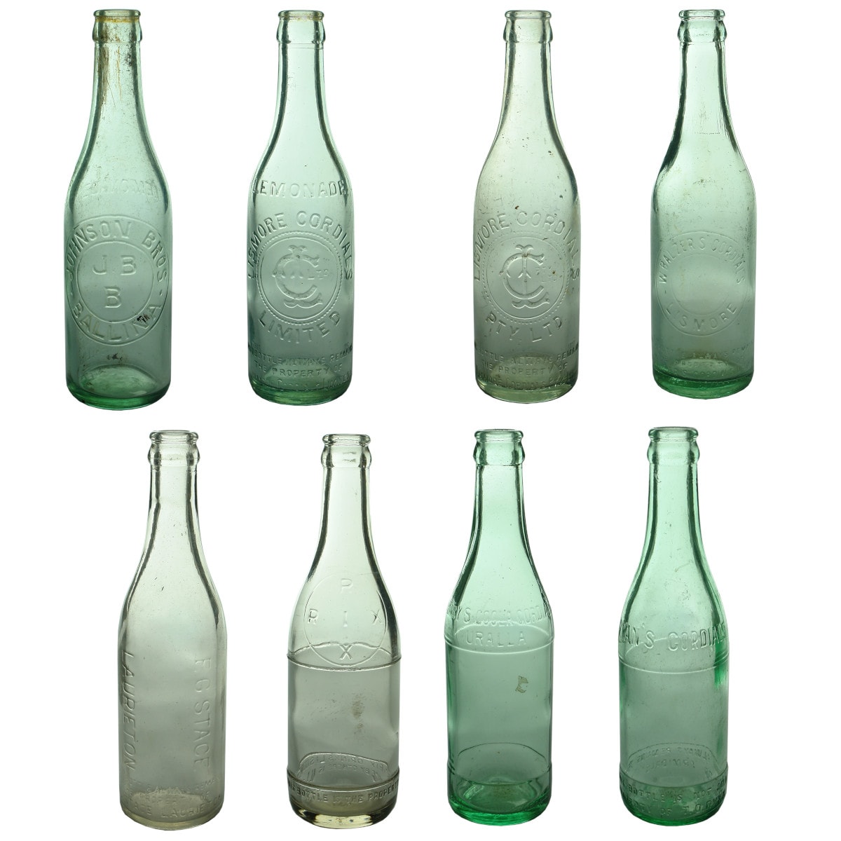 8 x 10 oz Crown Seals: Johnson Bros Ballina; 2 diff Lismore Cordials; Balzer's; Stace Laurieton; RIX Drinks; Henry's Uralla; Ryan's Armidale. (New South Wales)