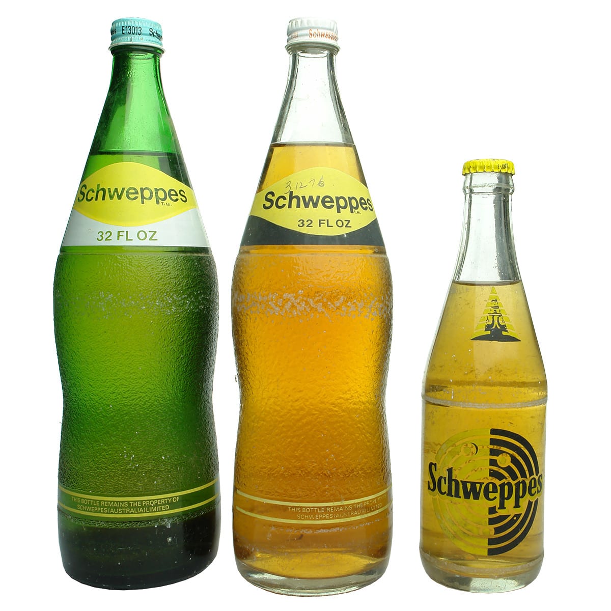 Crown Seals. Three Ceramic Label Schweppes bottles with original contents.