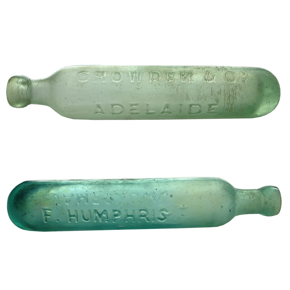 Maughams. 1. Crowder & Co., Adelaide. Aqua. 10 oz. 2. F. Humphris, Jamestown. Aqua. 10 oz. (South Australia)