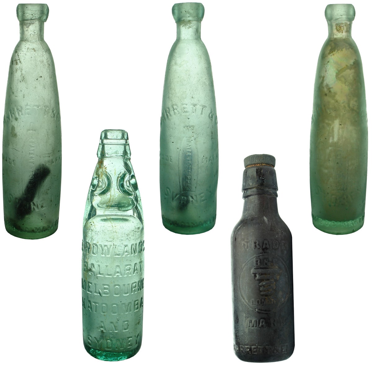 5 Aerated Waters: 3 x Barrett & Co, Sydney Stick Bottles; Rowlands 4 City Codd; Barrett & Elers Internal Thread (zapped).