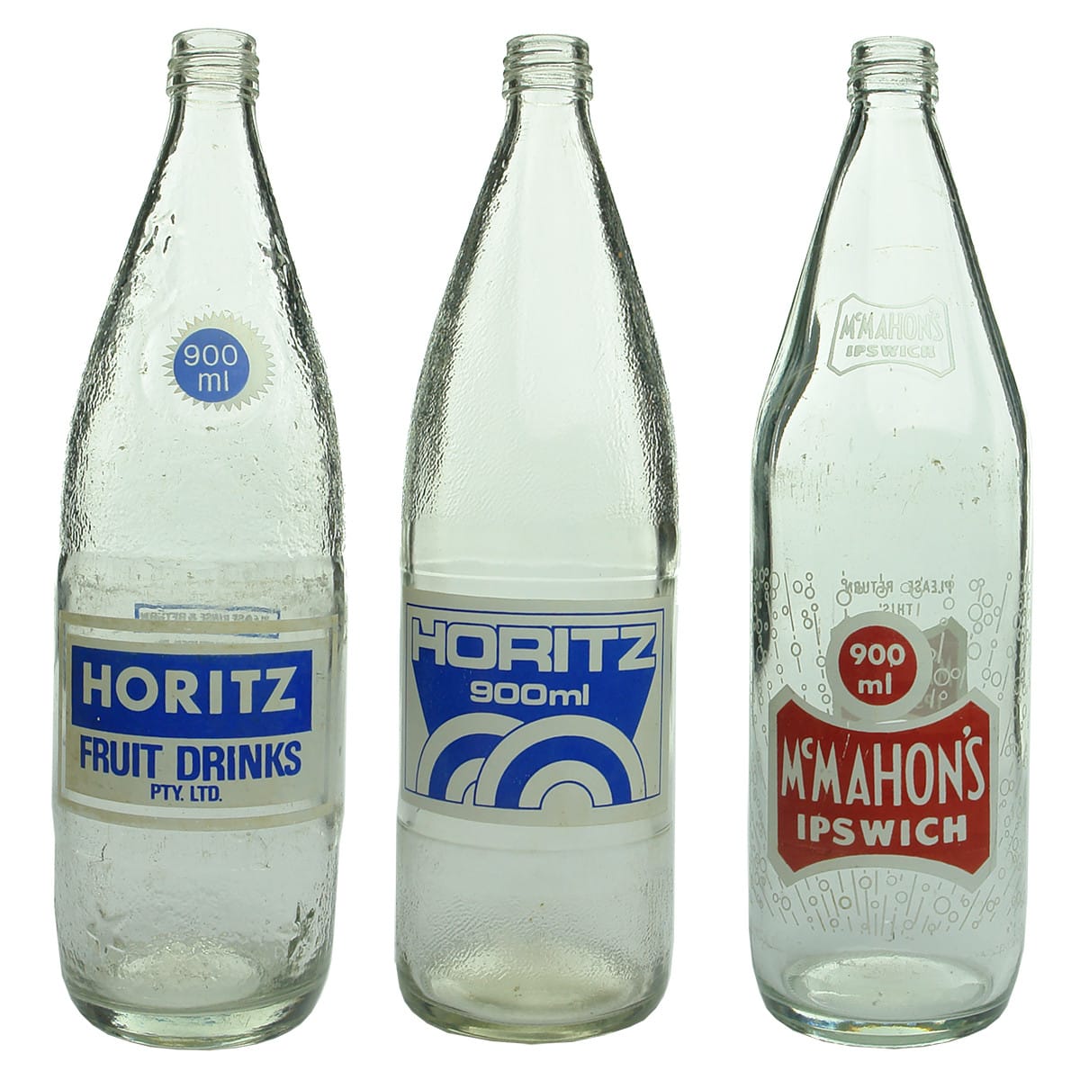 3 Large screw top ceramic labels: 2 x different Horitz, Brisbane and 1 x McMahon's Ipswich. (Queensland)