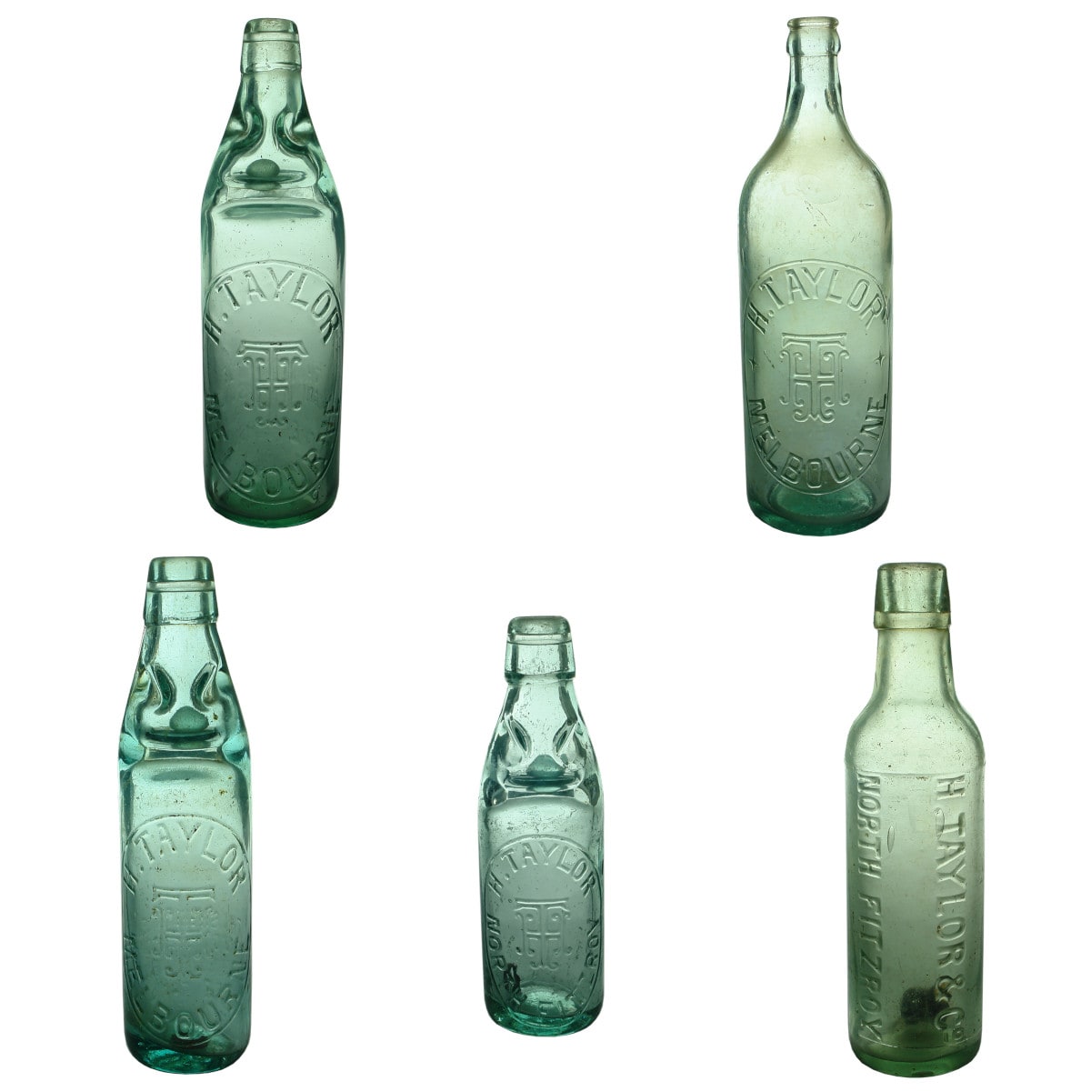 5 Bottles: H. Taylor Melbourne collection! Includes 26 oz, 10 & 6 oz Codds; Crown seal and Lamont. (Victoria)