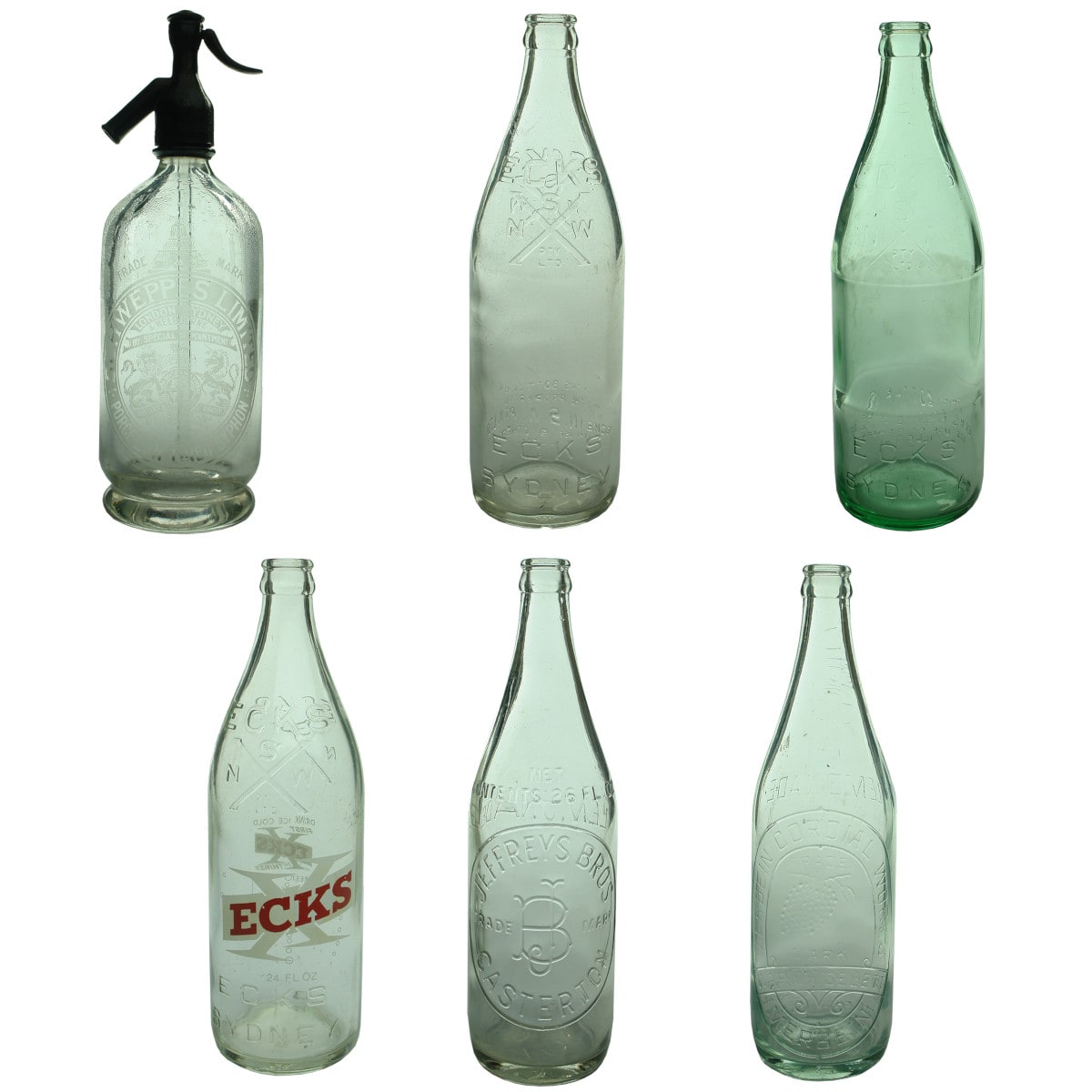 6 Aerated Waters: Schweppes Soda Syphon; 3 different ECKS NSW Crown Seals; Jeffreys Casterton crown seal; Chiselett Merbein crown seal. (New South Wales & Victoria)