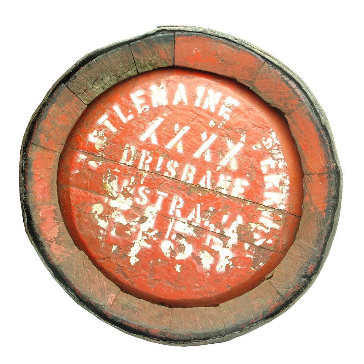 Medium sized Beer Barrel. Painted end: Castlemaine Perkins XXXX Brisbane Australia. Unmarked brass bung surrounds. (Queensland)