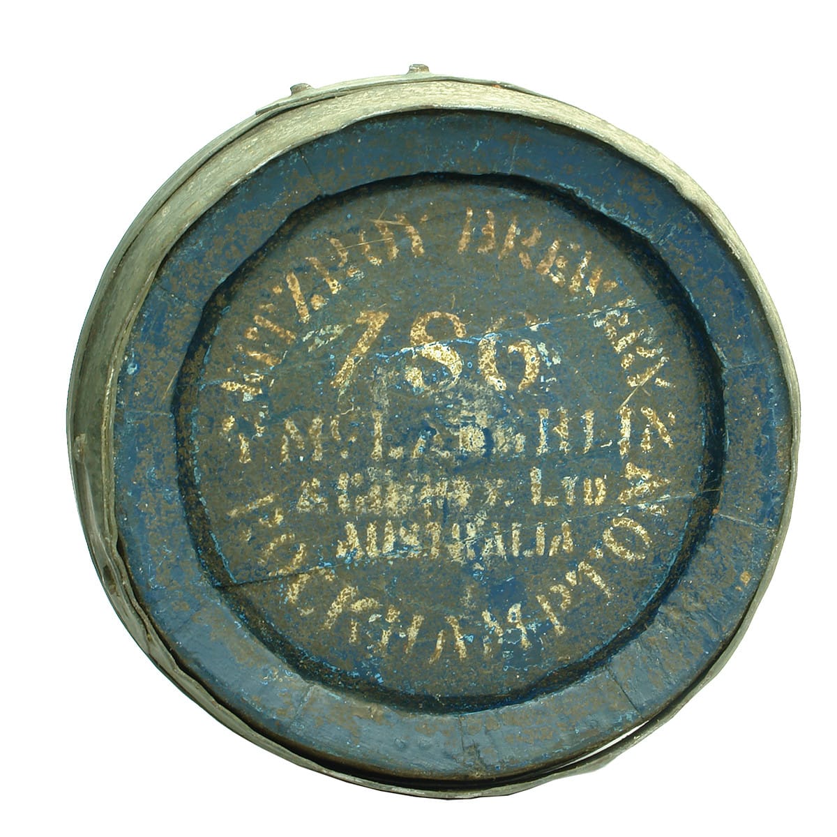 Small Beer Barrel. Fitzroy Brewery, McLaughlin & Co Pty Ltd printed on ends. Unmarked brass bung surrounds. (Rockhampton, Queensland)