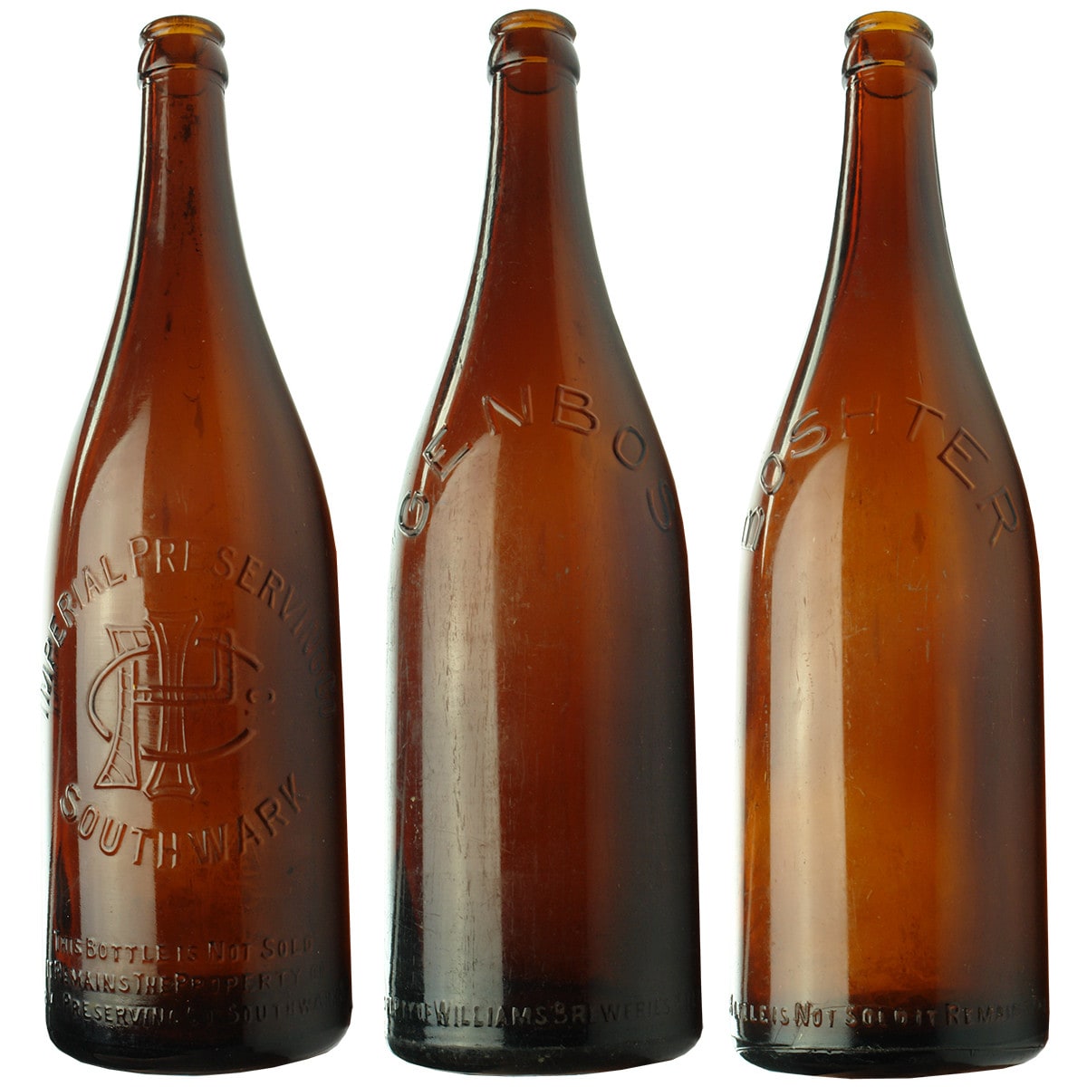 3 26 oz Amber Crown Seals: Imperial Preserving Co, Southwark; Genbos and Boshter Williams Breweries bottles. (South Australia)