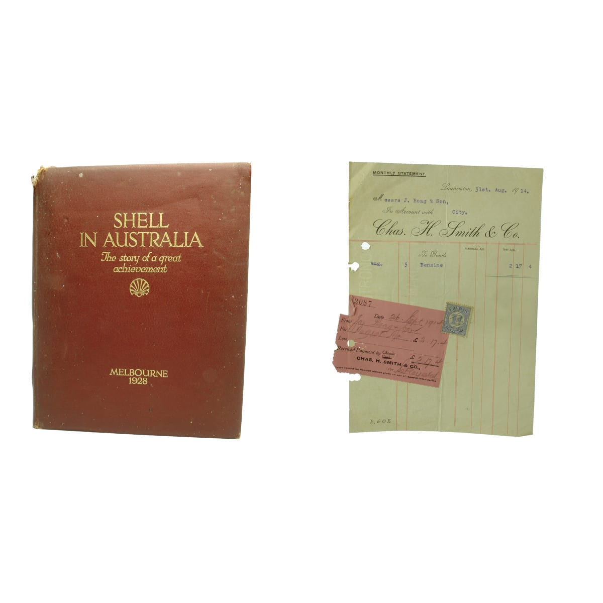 2 Items. Book & Invoice/Garagenalia. 1. Shell in Australia, 1928. 2. Monthly Statement to Messrs J. Boag & Son from Chas. H. Smith for Benzine! August 31st, 1914