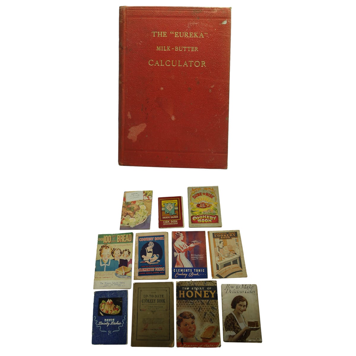 14 Books. 13 promotional Cookery Books: 3 x different Clements Tonic; 3 x same Bushells; 2 x Davis Gelatine; Salmon, Bread, Honey & More. Eureka Milk Butter Calculator.