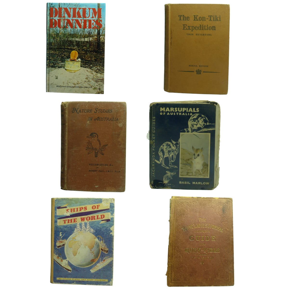 6 Books: Dinkum Dunnies; Kon-Tiki; Nature Studies in Australia; Marsupials of Australia; Ships of the World; Young Ladies Journal 1988.