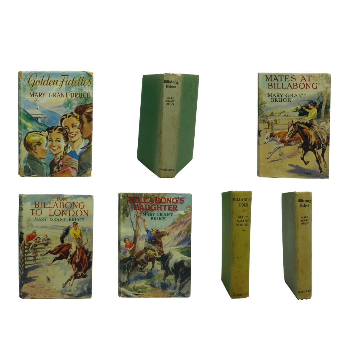 Books. 7 x Mary Grant Bruce Books: Golden Fiddles; Billabong Riders, 1946; Mates At Billabong; From Billabong to London; Billabong's Daughter; Billabong Gold; Billabong Riders, 1946.