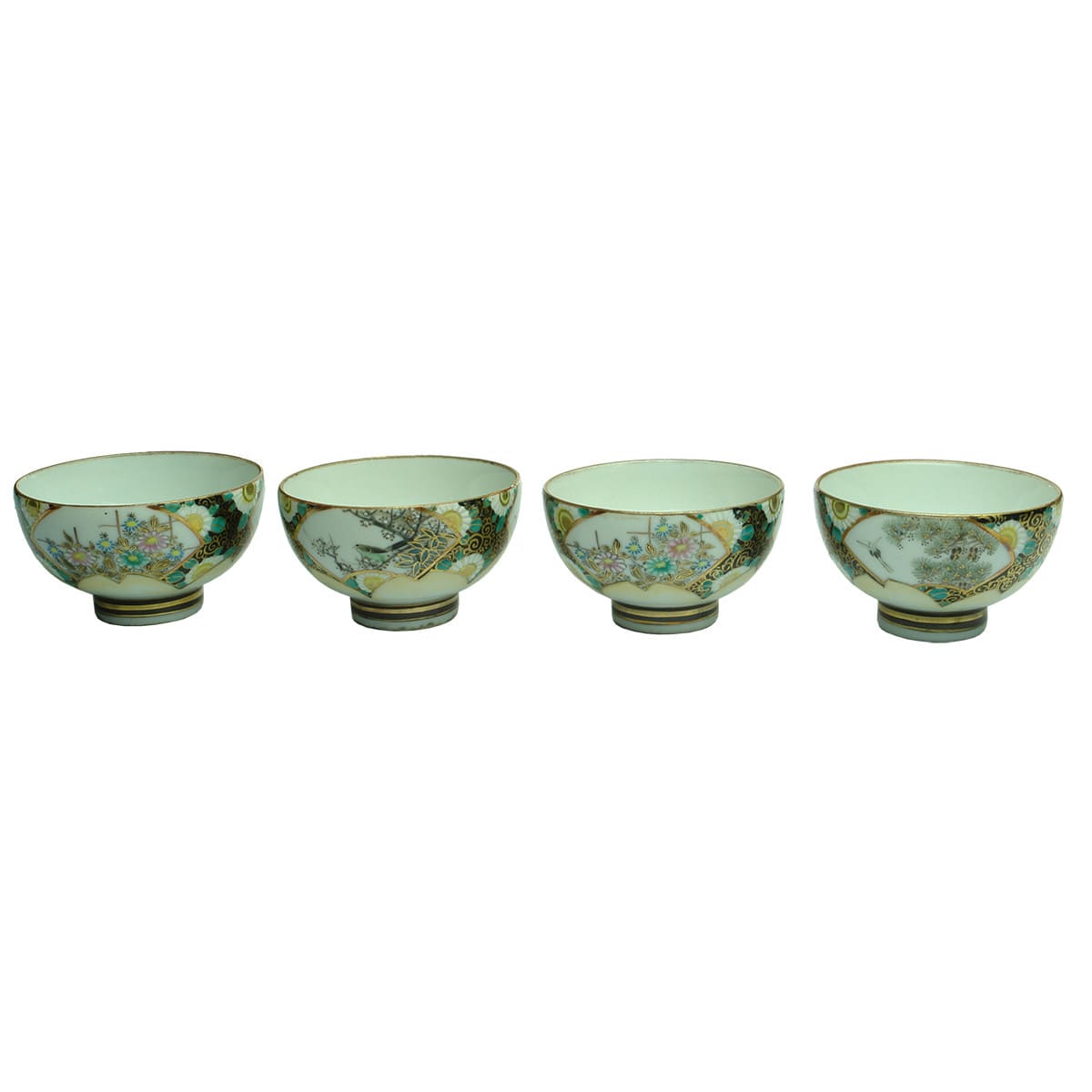 Set of 4 Chinese/Japanese Cups. Highly decorated. Multi-coloured. 2 characters to base of each.