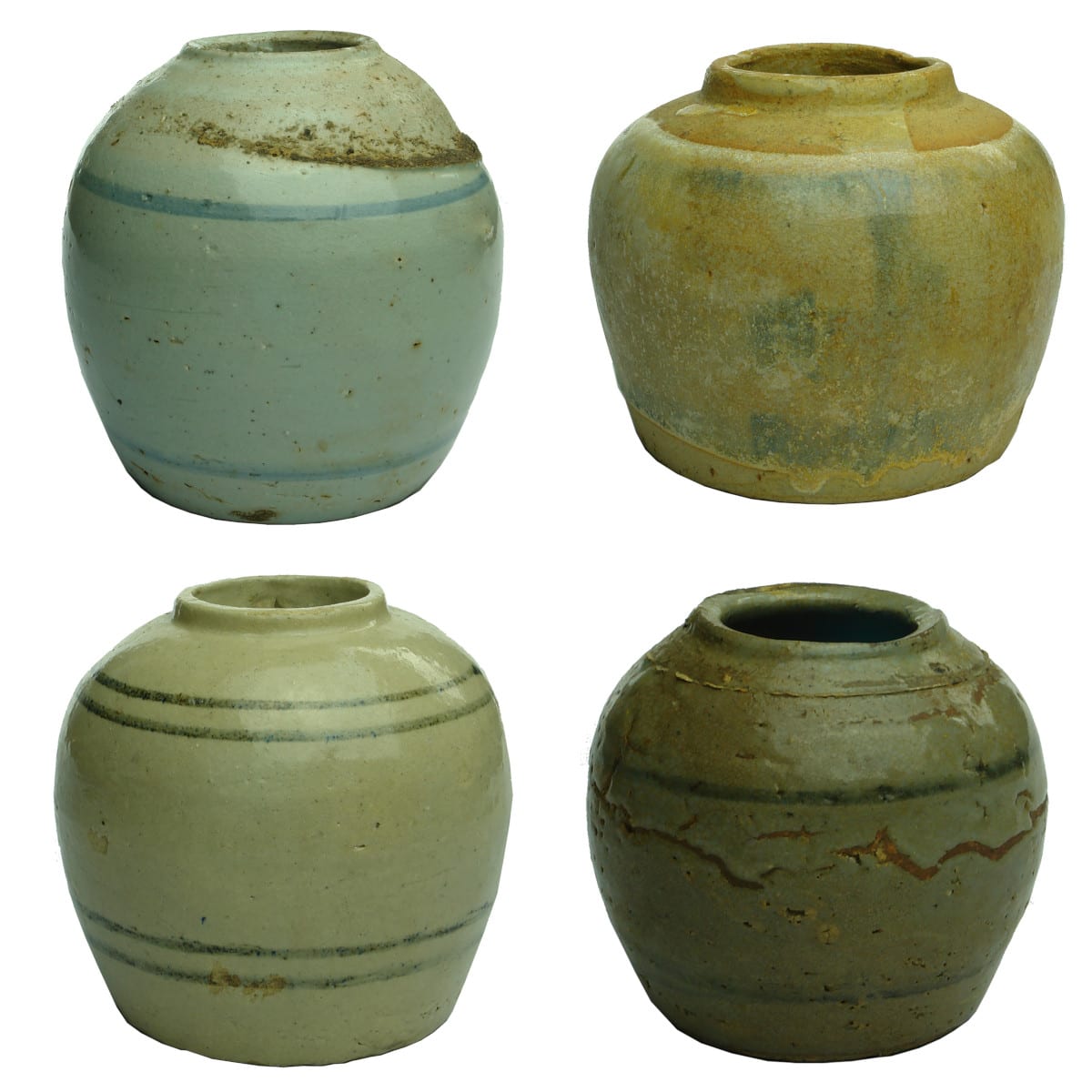 4 Chinese Ginger Jars. Round Grey/Blue lines. Different sizes.