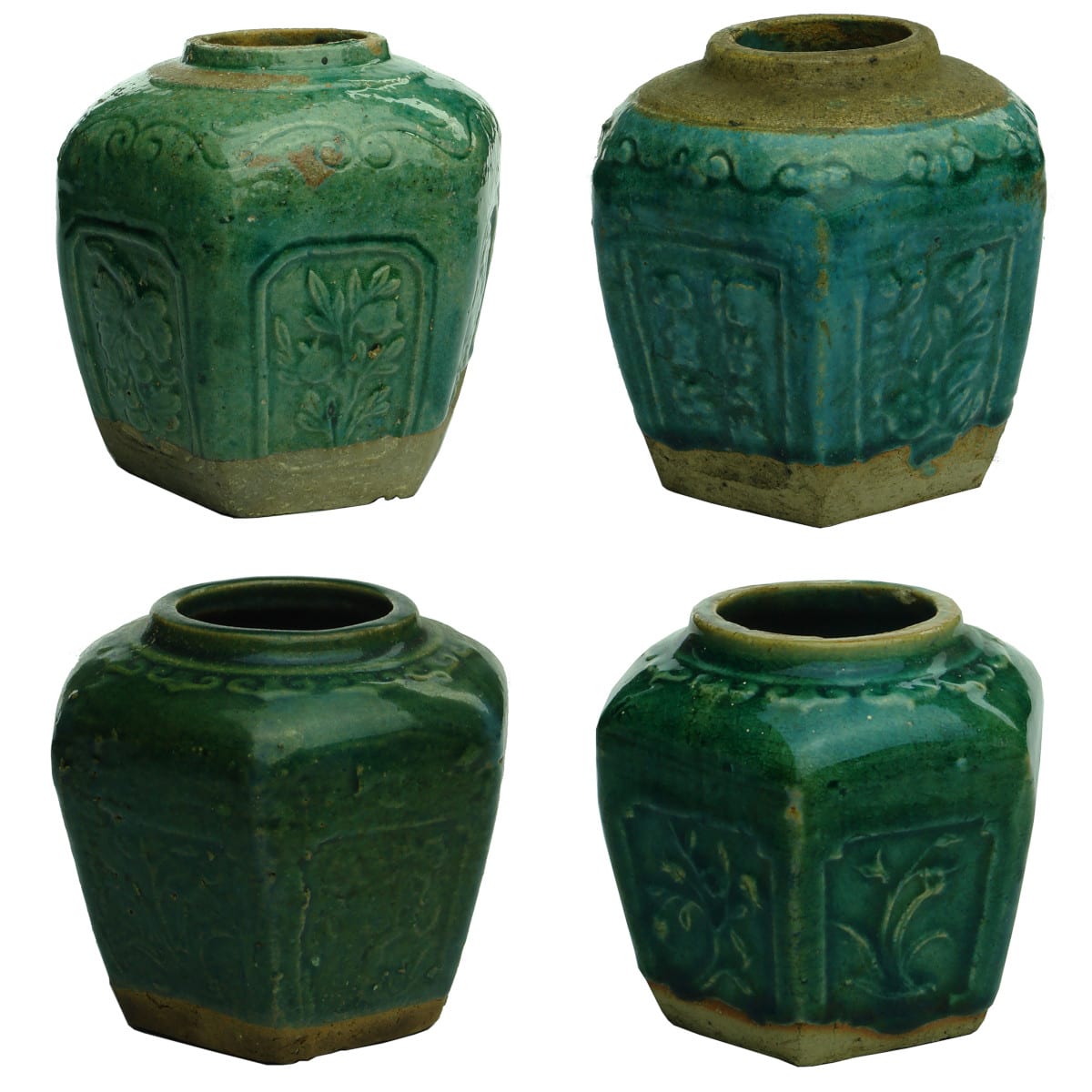 4 Chinese Ginger Jars. Varying sizes of hexagonal green glazed jars. Different patterns around.