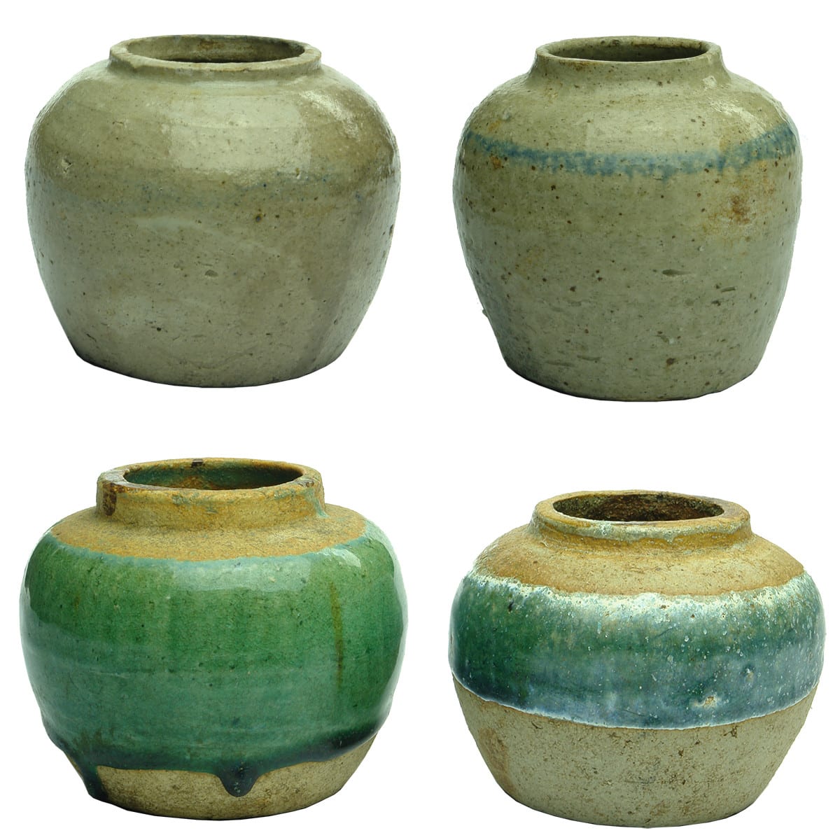 4 small round Chinese Ginger Jars. Grey; Grey with blue line; 2 x partly Green.