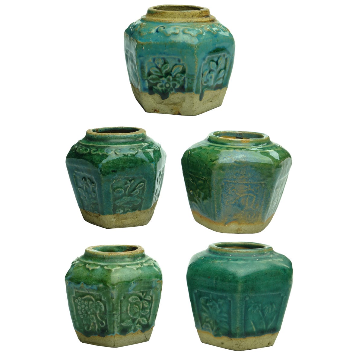 5 small green hexagonal Chinese Ginger Jars. Moulded patterns to sides.